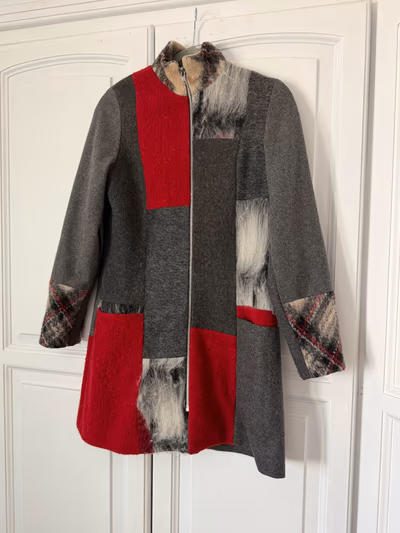 Patchwork wool blend coat by Ecole de Couture — pre-loved on Thrifted.mt