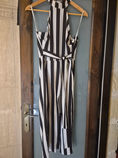 AX Paris Black & White Stripe Halter Overlay Dress — pre-loved on Thrifted.mt