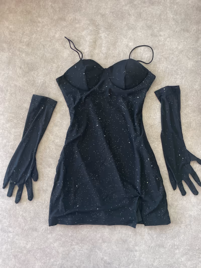 Black Shimmer Mini Dress + Gloves — pre-loved on Thrifted.mt