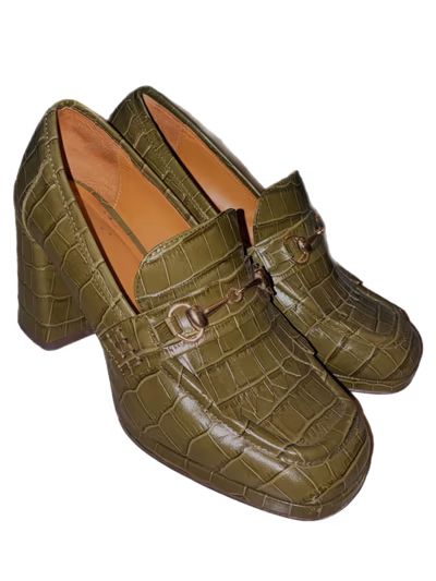 Sezane Croc Green Heeled Horsebit Loafers Vintage 90s Inspired by Sezane — pre-loved on Thrifted.mt