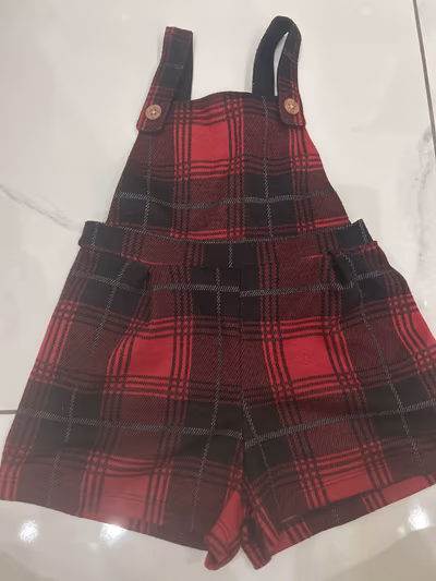 Red Tartan Dungaree Shorts — pre-loved on Thrifted.mt