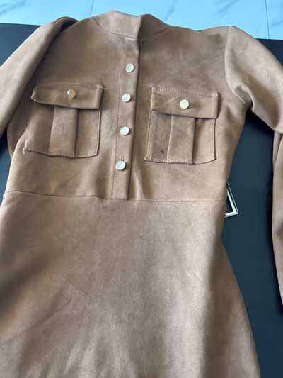 Tan faux suede button dress — pre-loved on Thrifted.mt