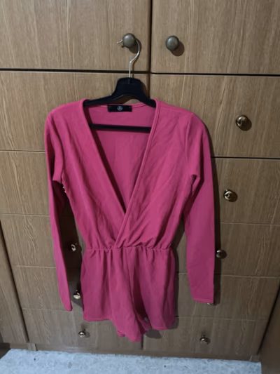 Missguided Long Sleeve V-Neck Pink Playsuit by Missguided — pre-loved on Thrifted.mt