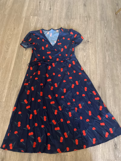 Navy Cherry Print Wrap Dress — pre-loved on Thrifted.mt