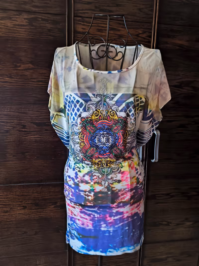 Multicoloured patterned embellished tunic top by MVS Paris — pre-loved on Thrifted.mt