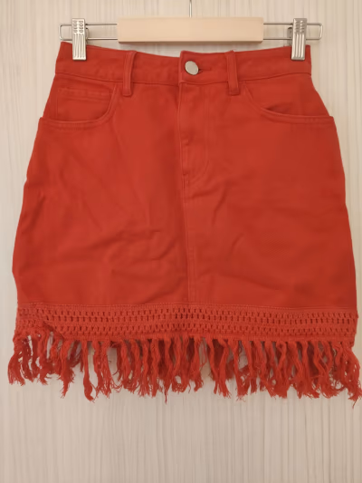 Red Denim Fringed Mini Skirt by Miss Selfridge  — pre-loved on Thrifted.mt