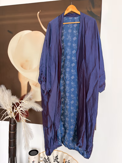 Vintage silk Reversible Blue Patterned Kimono Robe — pre-loved on Thrifted.mt