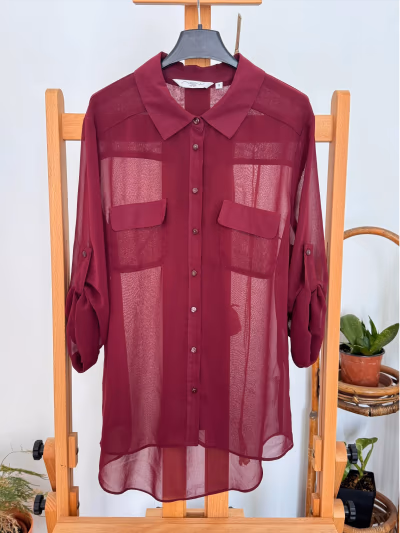 New Look burgundy sheer button-up shirt by New Look — pre-loved on Thrifted.mt