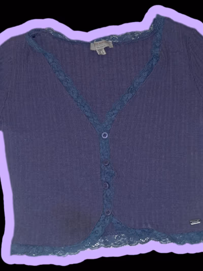 Y2K Purple Ribbed Lace Knit Crop top Cardigan- Pull & Bear S by Pull&Bear — pre-loved on Thrifted.mt