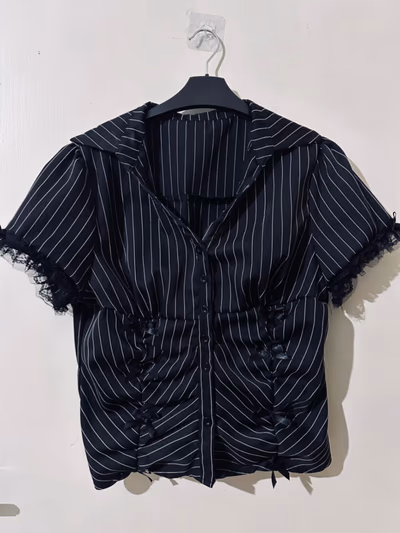Shein RomwePinstripe Blouse With Lace Trim by SheinRomwe — pre-loved on Thrifted.mt