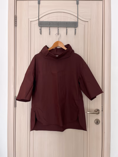 COS Burgundy High Neck Short Sleeve Top by COS — pre-loved on Thrifted.mt