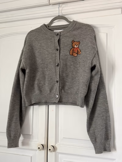 Grey Teddy Bear Embroidered Cardigan by Bershka — pre-loved on Thrifted.mt