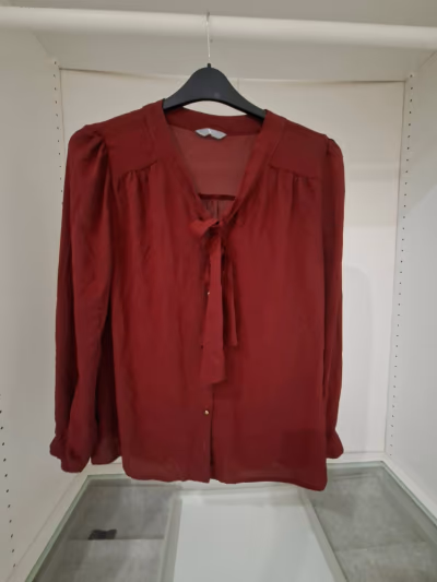 Burgundy tie-neck long sleeve blouse by BHS — pre-loved on Thrifted.mt