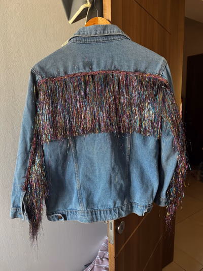 Sparkly Fringe Denim Jacket / Festival Style (Size S) — pre-loved on Thrifted.mt