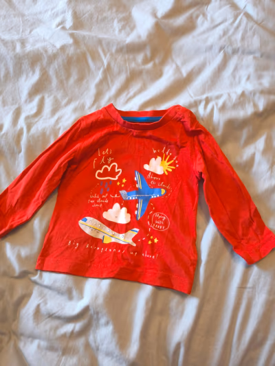 Red aeroplane graphic long-sleeve top by Mothercare — pre-loved on Thrifted.mt