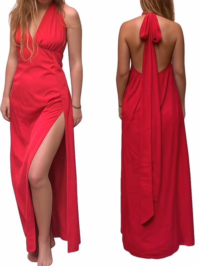 Vestido rojo de satén con cuello halter — pre-loved on Thrifted.mt