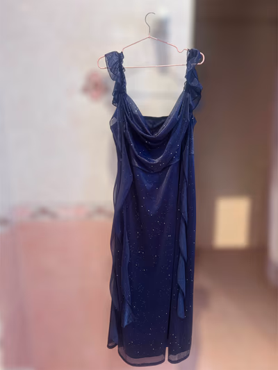 Cider MESH COWL NECK SOLID SEQUIN RUFFLE HEM MAXI DRESS CURVE & PLUS by Cider — pre-loved on Thrifted.mt