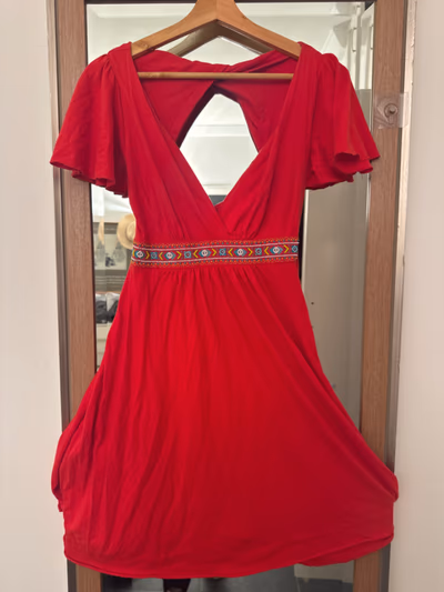 Red patterned bohemian midi dress by Surkana — pre-loved on Thrifted.mt