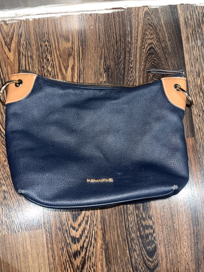 Navy and tan leather handbag — pre-loved on Thrifted.mt