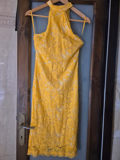AX Paris Yellow Floral Lace High Neck Bodycon Dress  — pre-loved on Thrifted.mt
