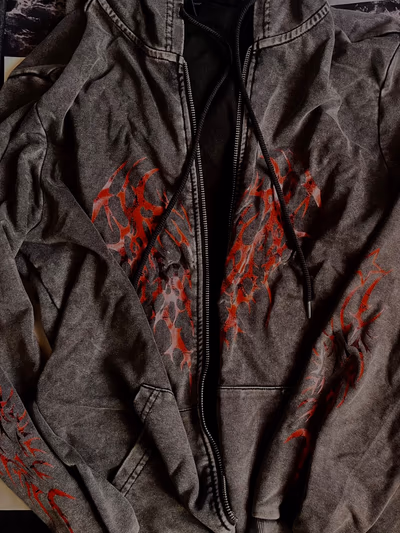 Washed out black hoodie with red cybercigil print  by SHEIN — pre-loved on Thrifted.mt