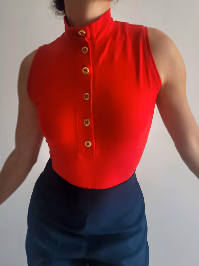 Red Sleeveless Collared Bodysuit with nautical buttons by L'Officina Della Moda — pre-loved on Thrifted.mt