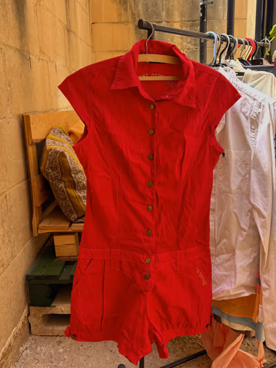 Vintage Specchio Red Sleeveless Denim Romper Playsuit by Specchio Jeans — pre-loved on Thrifted.mt