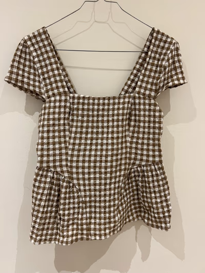 M&S Brown Gingham Peplum Top by M&S — pre-loved on Thrifted.mt