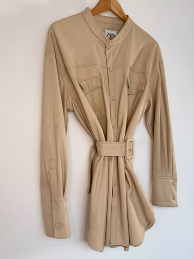 Zara Cream Faux Leather Oversized Shirt Dress with Belt — pre-loved on Thrifted.mt