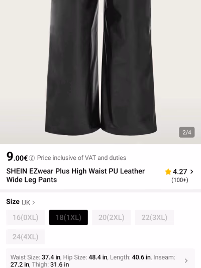 SHEIN EZwear Plus High Waist PU Leather Wide Leg Pants — pre-loved on Thrifted.mt