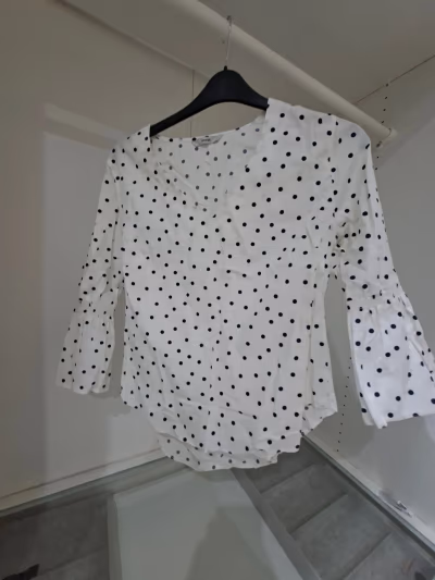 White Polka Dot Bell-Sleeve Top by George — pre-loved on Thrifted.mt