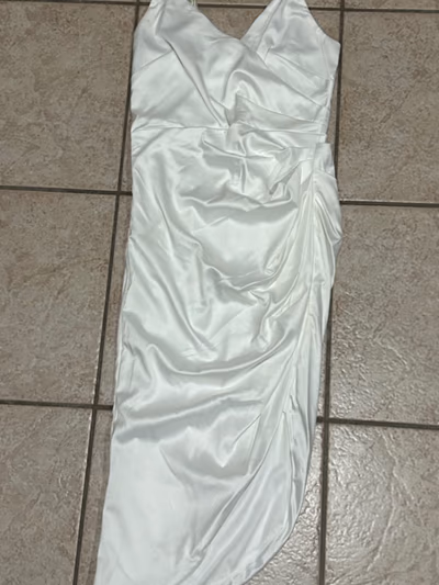 White Satin Ruched Midi Dress by Shei  — pre-loved on Thrifted.mt