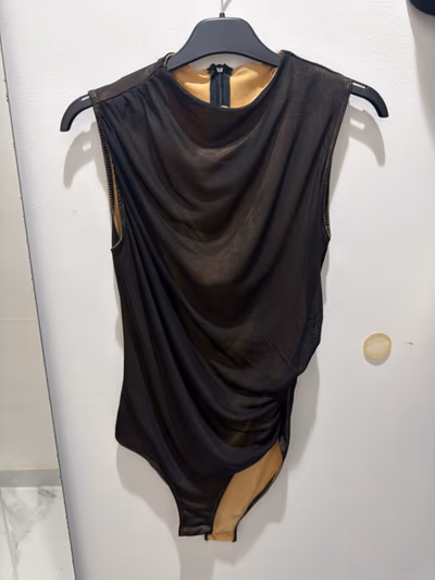 Black ruched mesh bodysuit by SHEIN — pre-loved on Thrifted.mt