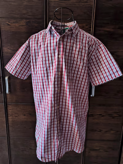 Benetton red checked button shirt by Benetton — pre-loved on Thrifted.mt