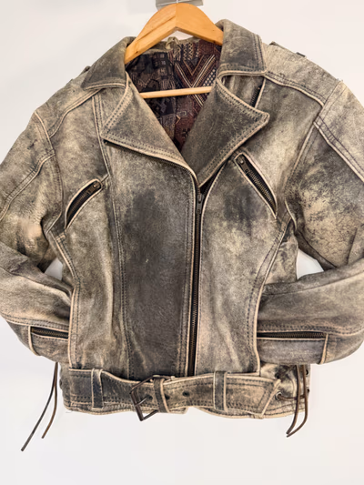 Vintage Distressed Leather Biker Jacket with Belt — pre-loved on Thrifted.mt