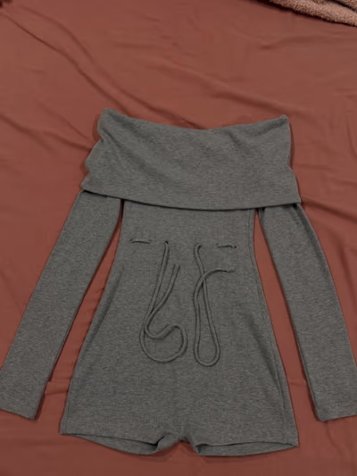 Grey Ribbed Off Shoulder Playsuit by BERSHKA  — pre-loved on Thrifted.mt