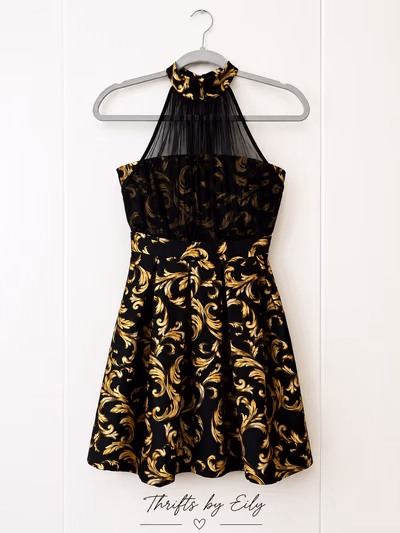 Black Gold Baroque Halter Dress by Nuna Lie — pre-loved on Thrifted.mt