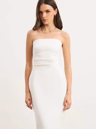 Vestido midi branco sem alças BOA com zíper lateral (P) by Because of Alice — pre-loved on Thrifted.mt