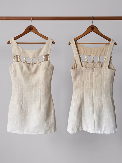 SHEIN Beige Tweed Mini Dress - Size S / Shell Bead Detail by No brand — pre-loved on Thrifted.mt