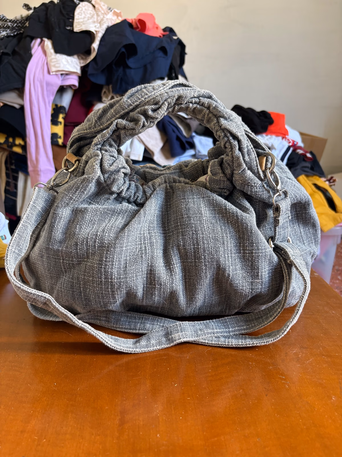 Grey linen handbag with flower, photo 2