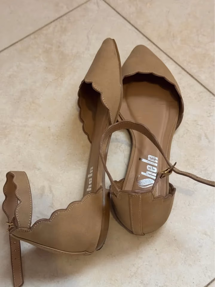 Beige Scalloped Ankle Strap Flats, photo 5