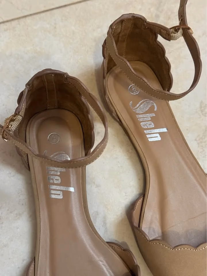 Beige Scalloped Ankle Strap Flats, photo 2