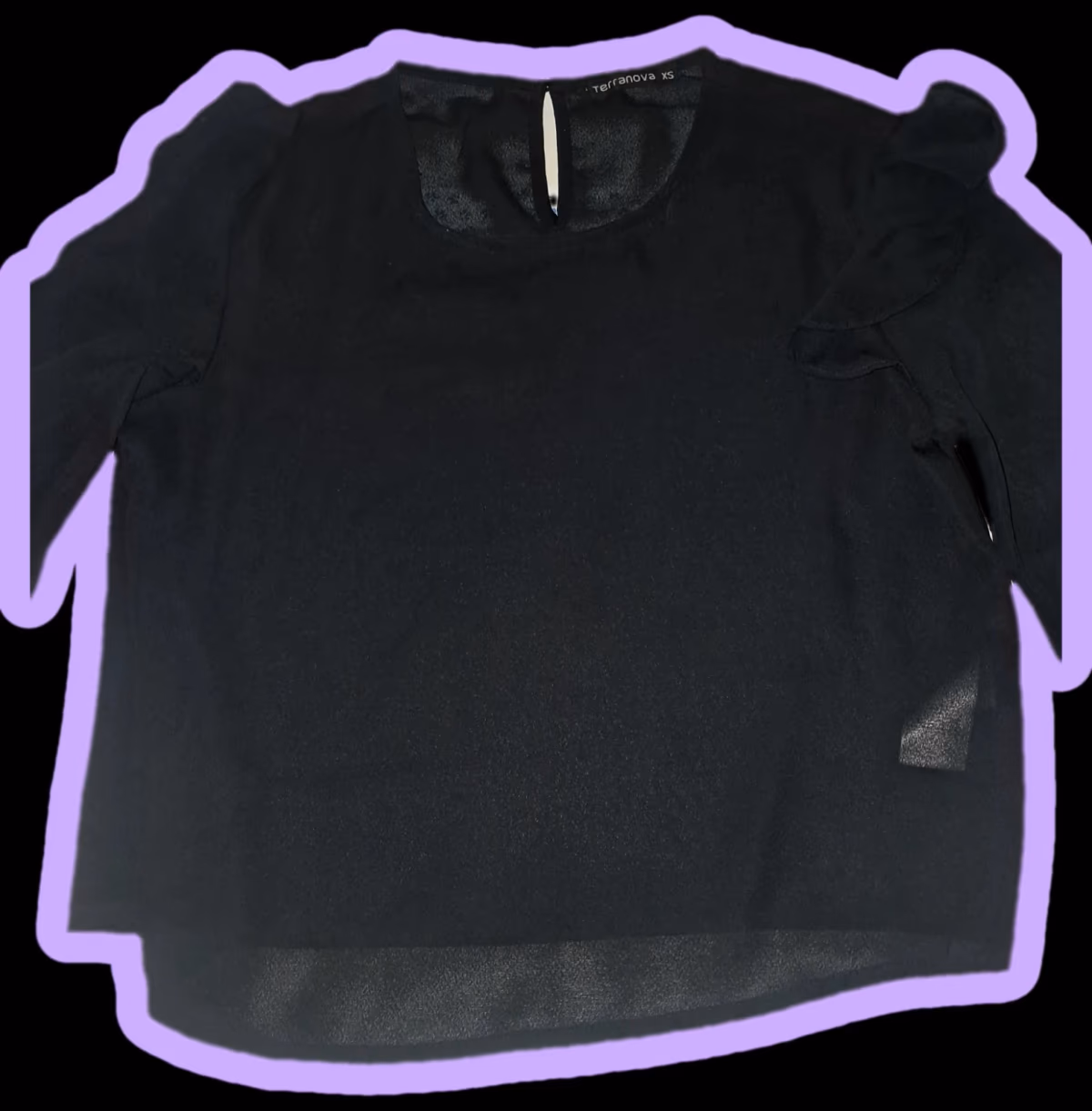 Blusa corta de gasa negra de Terranova con volantes en los hombros, talla XS, foto 3