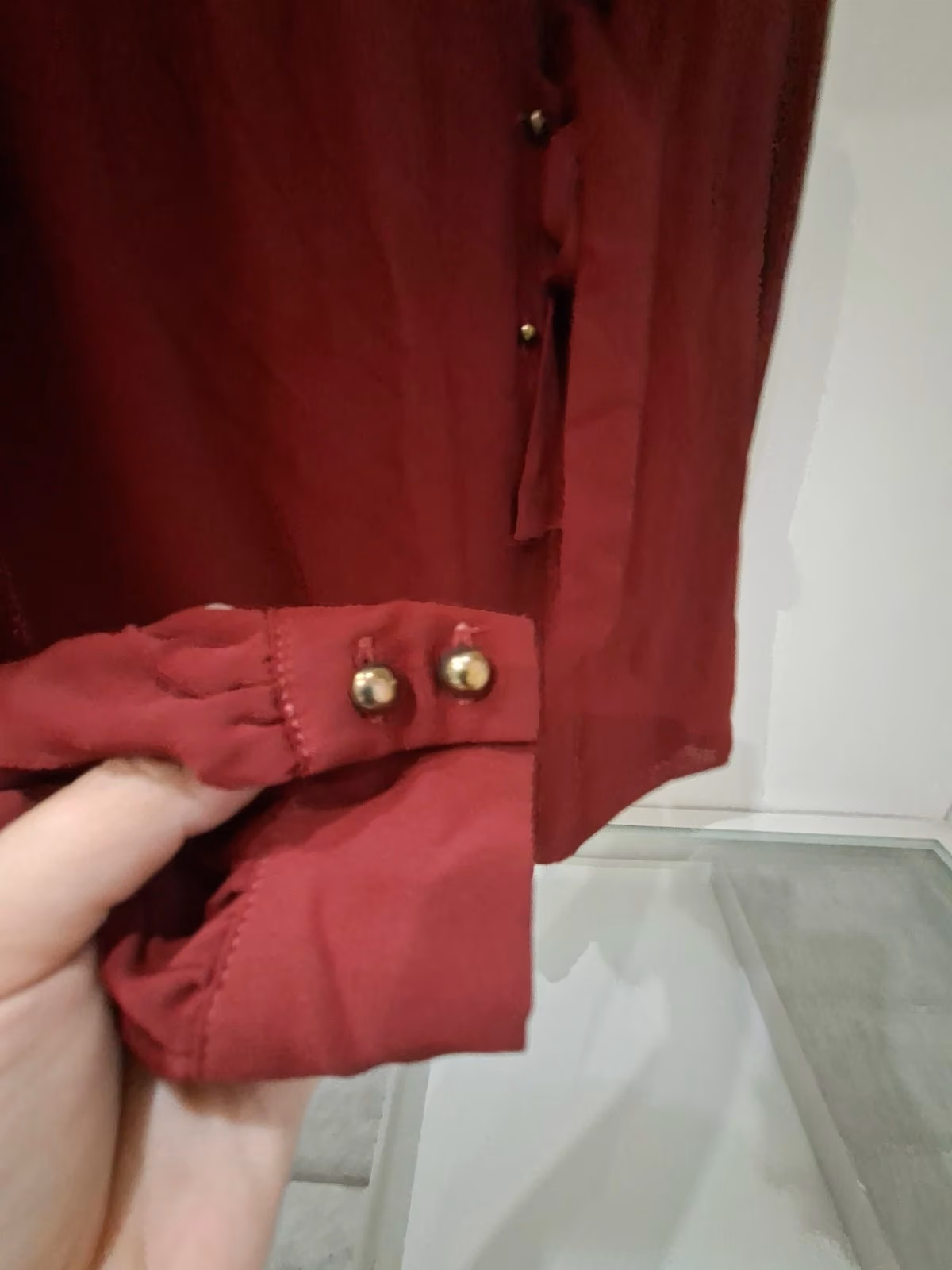 Burgundy tie-neck long sleeve blouse, photo 2