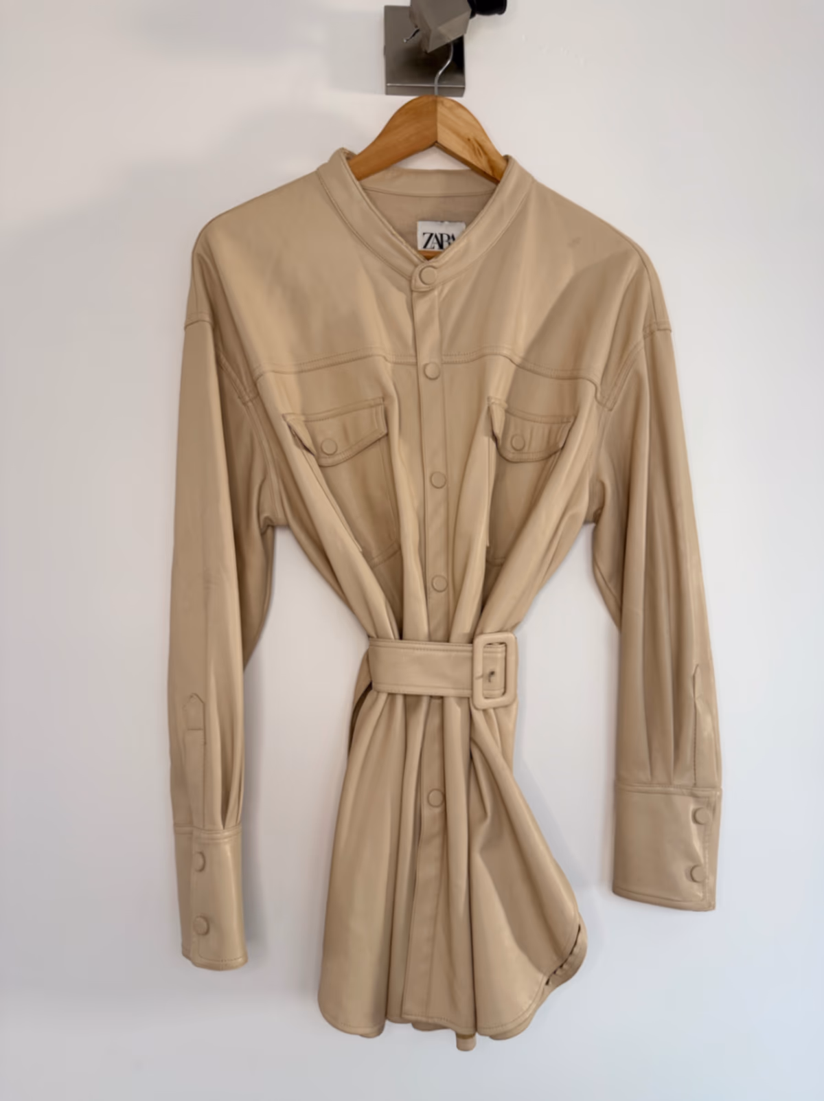 Zara Cream Faux Leather Oversized Shirt Dress with Belt, photo 4