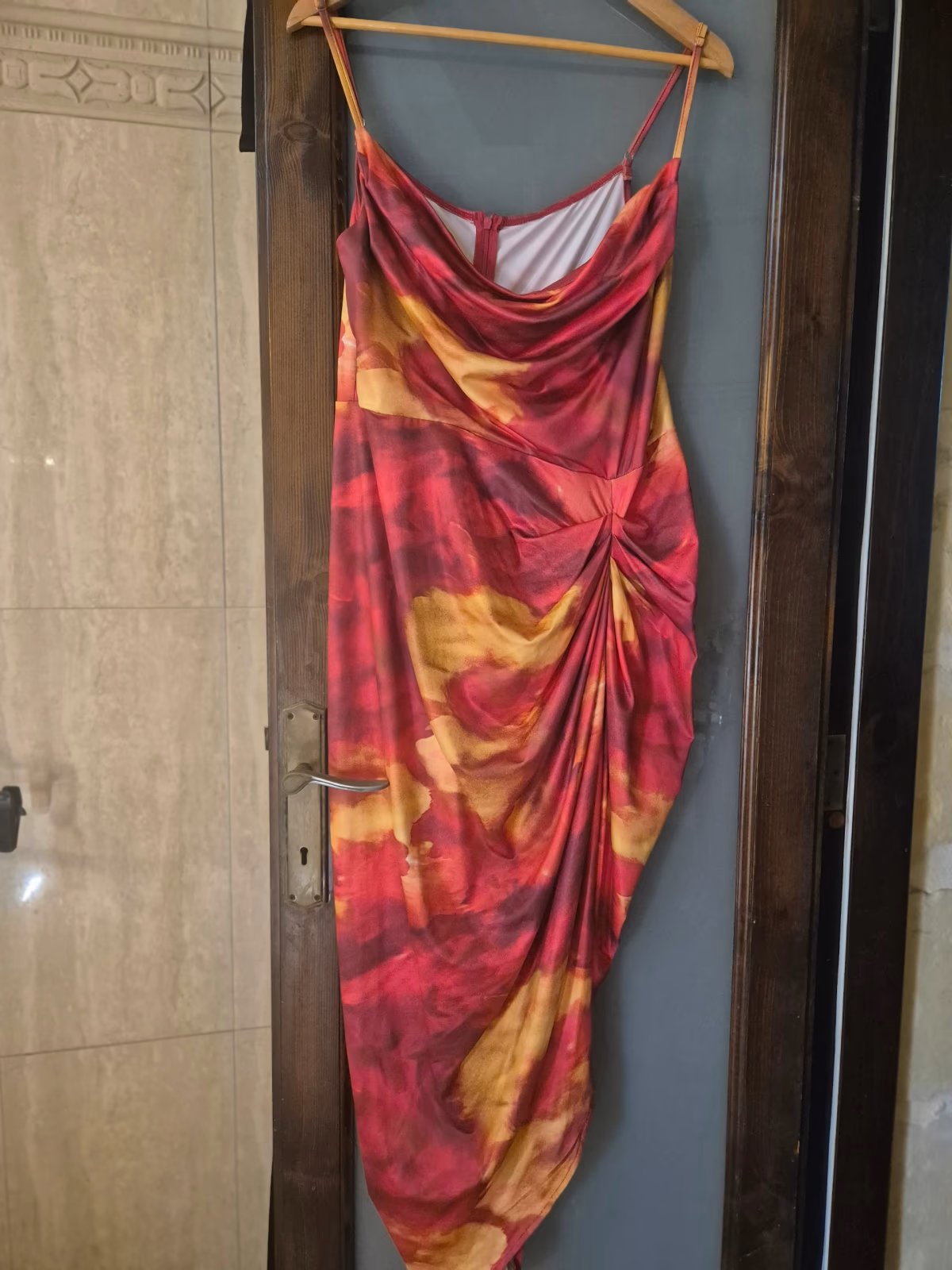 SHEIN BAE Plus Abstract Print Cowl-Neck Ruched Cami Dress, photo 2