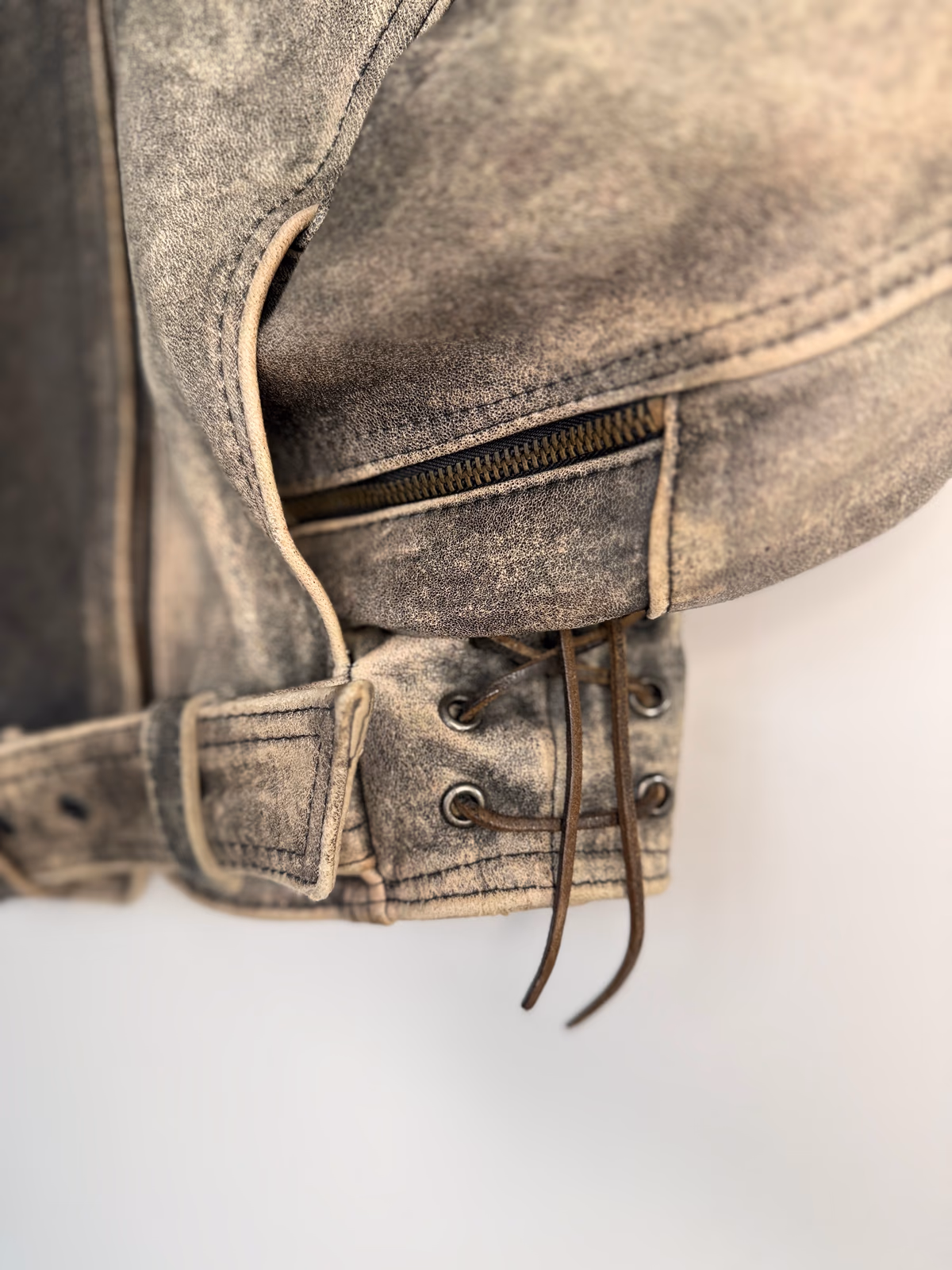 Vintage Distressed Leather Biker Jacket with Belt, photo 3