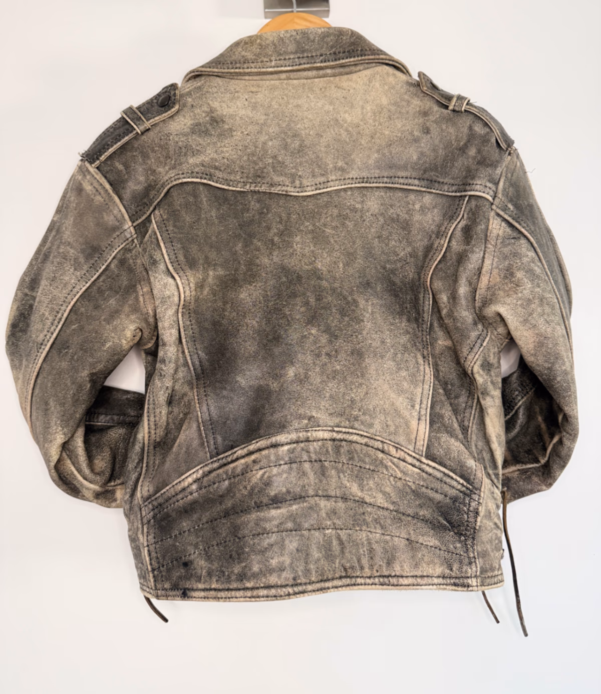 Vintage Distressed Leather Biker Jacket with Belt, photo 6