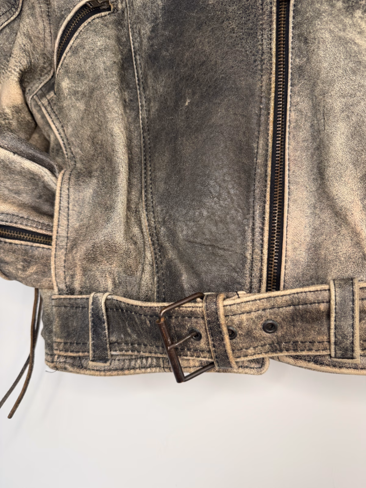 Vintage Distressed Leather Biker Jacket with Belt, photo 5