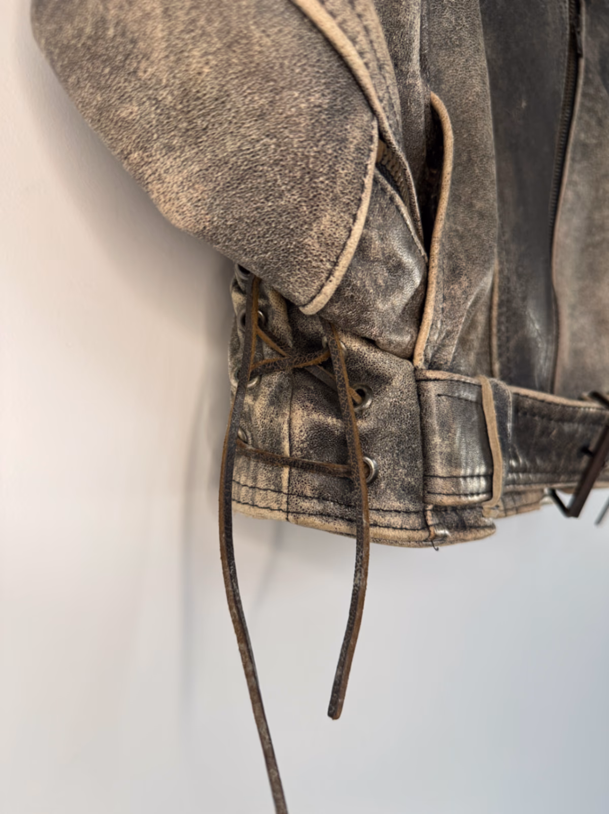Vintage Distressed Leather Biker Jacket with Belt, photo 4